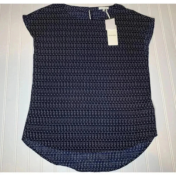 Pleione Navy Print Tunic Womens XS Rayon Hi Low NEW 1083 - Picture 1 of 3